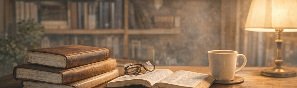 Books on a wooden table with warm lighting