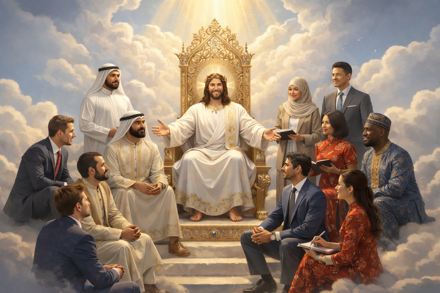Jesus on the throne with hands outstretched toward a diverse group of business people